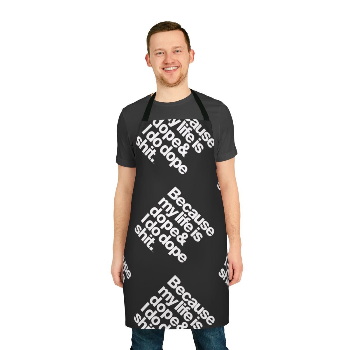 Black and white apron with Kanye West "My Life is Dope" quote