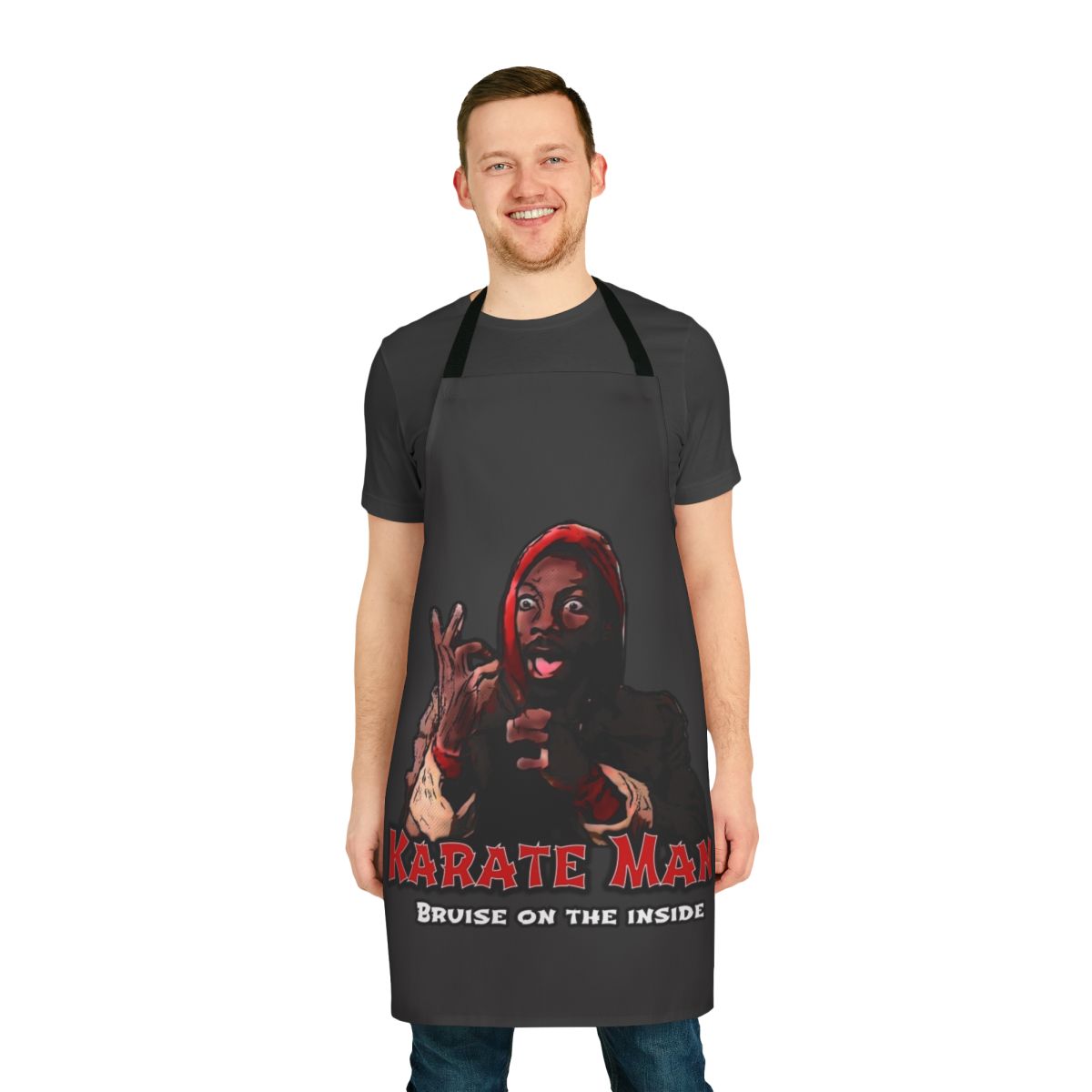 Karate Man Apron featuring a festive design inspired by the 80s comedy "Trading Places"