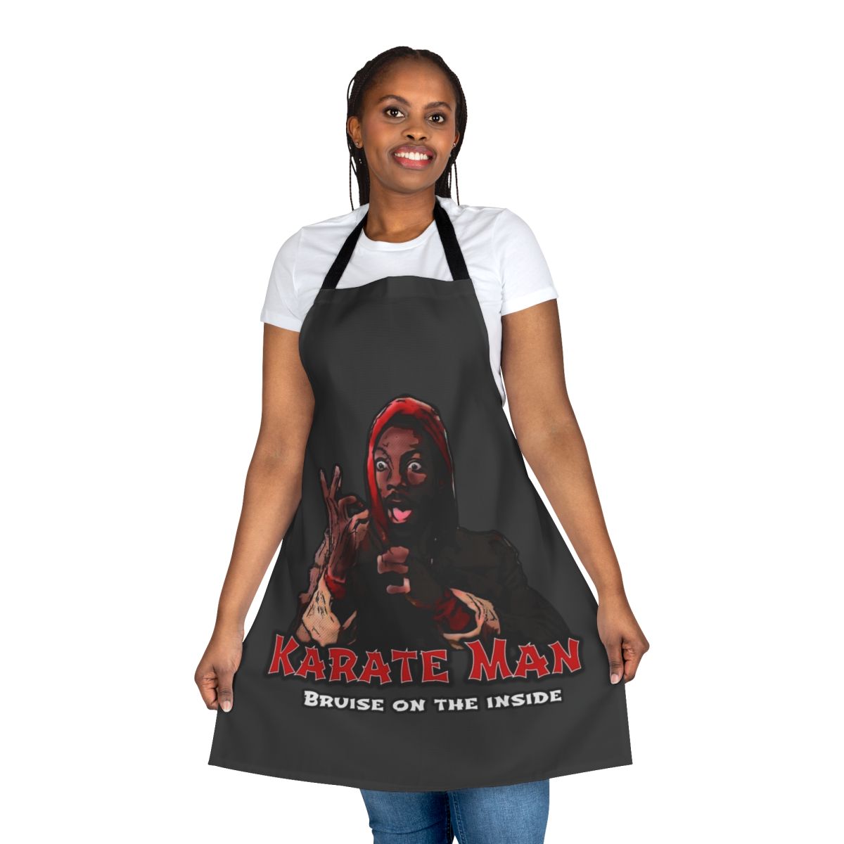 Karate Man Apron featuring a festive design inspired by the 80s comedy "Trading Places"