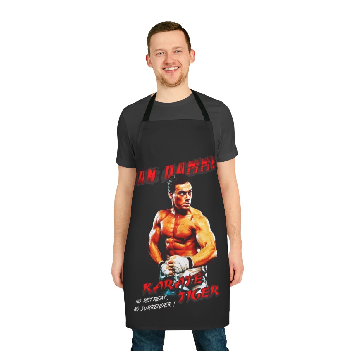 Karate-inspired movie apron with tiger graphic
