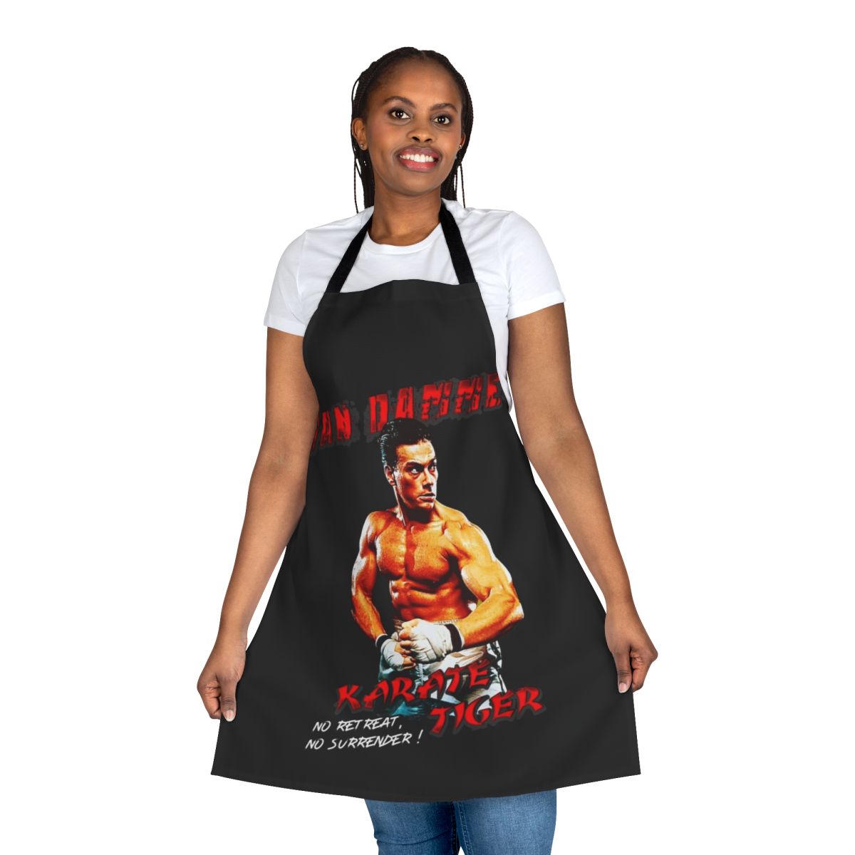 Karate-inspired movie apron with tiger graphic