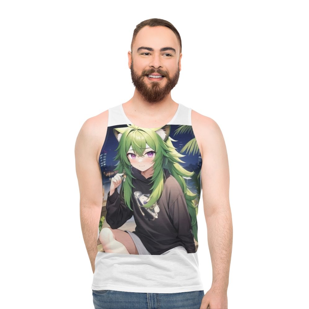 Kawaii anime boy wearing unisex tank top with raccoon hybrid design