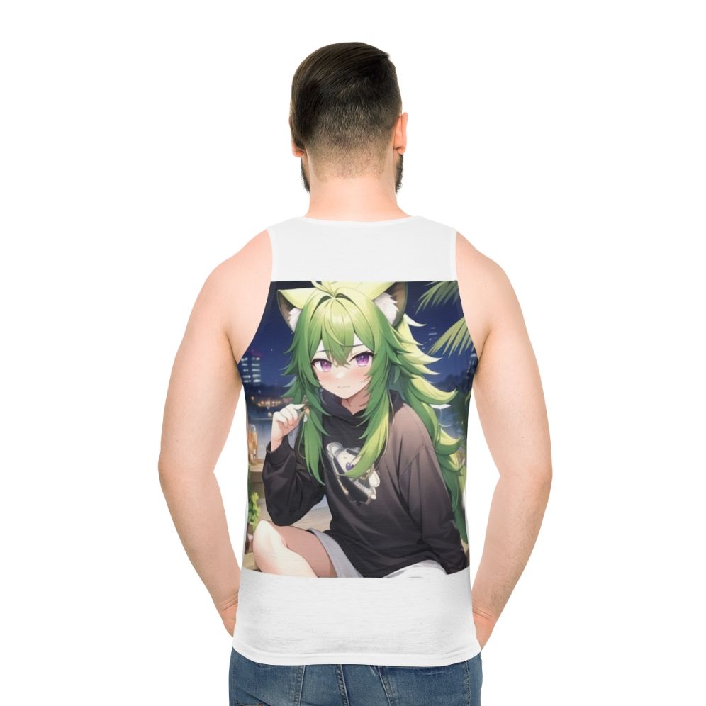 Kawaii anime boy wearing unisex tank top with raccoon hybrid design