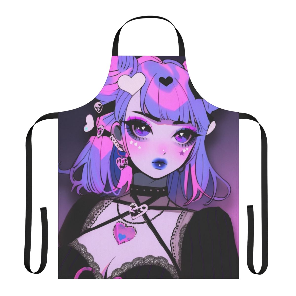 Kawaii anime-style goth apron in pink, purple and black colors with heart print design