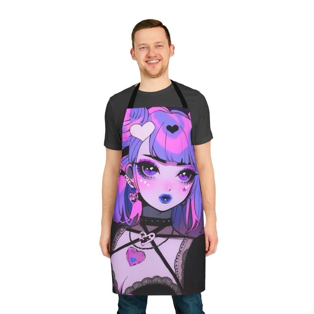 Kawaii anime-style goth apron in pink, purple and black colors with heart print design