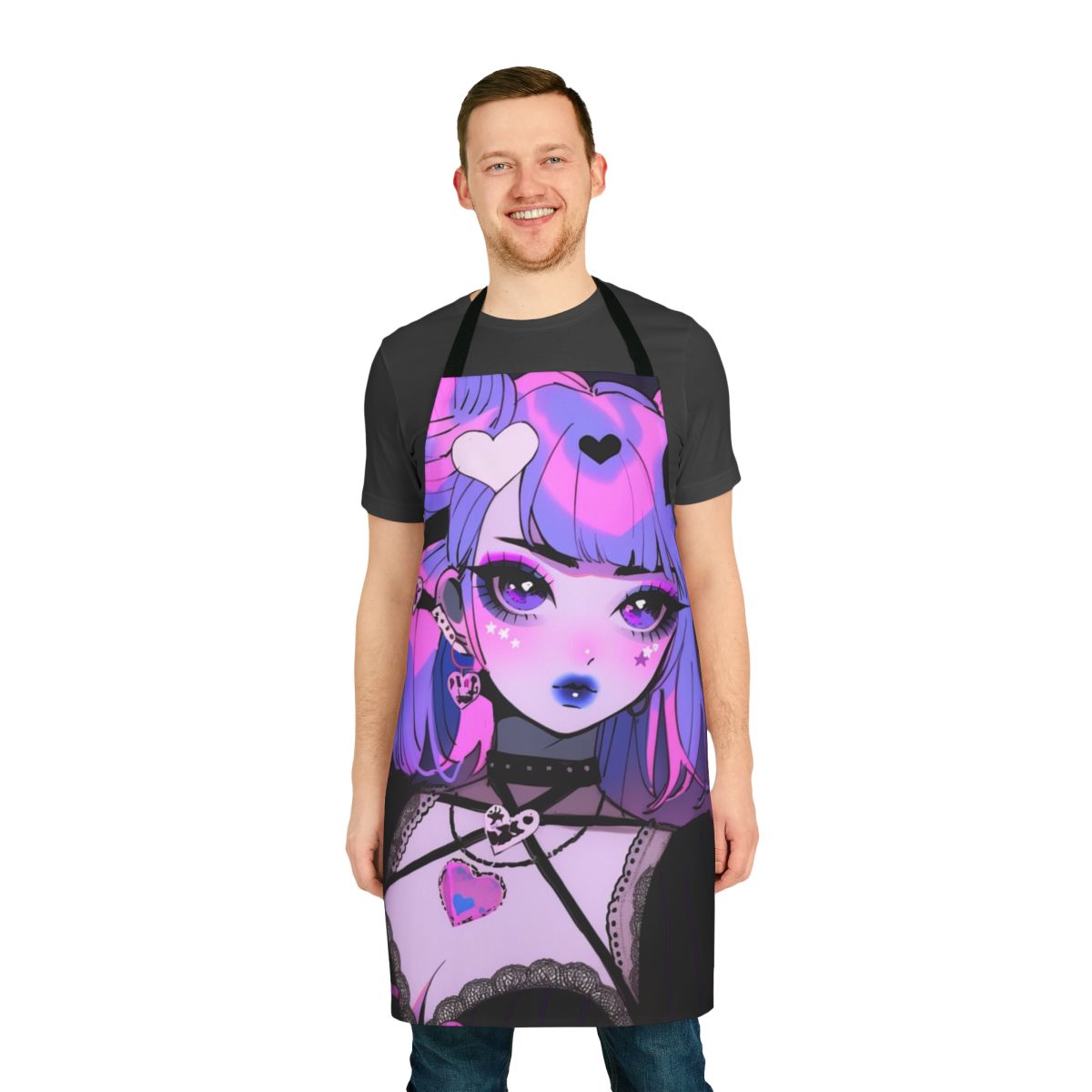 Kawaii anime-style goth apron in pink, purple and black colors with heart print design