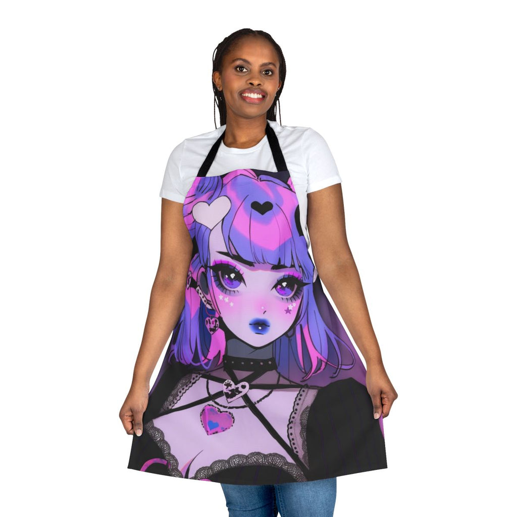 Kawaii anime-style goth apron in pink, purple and black colors with heart print design
