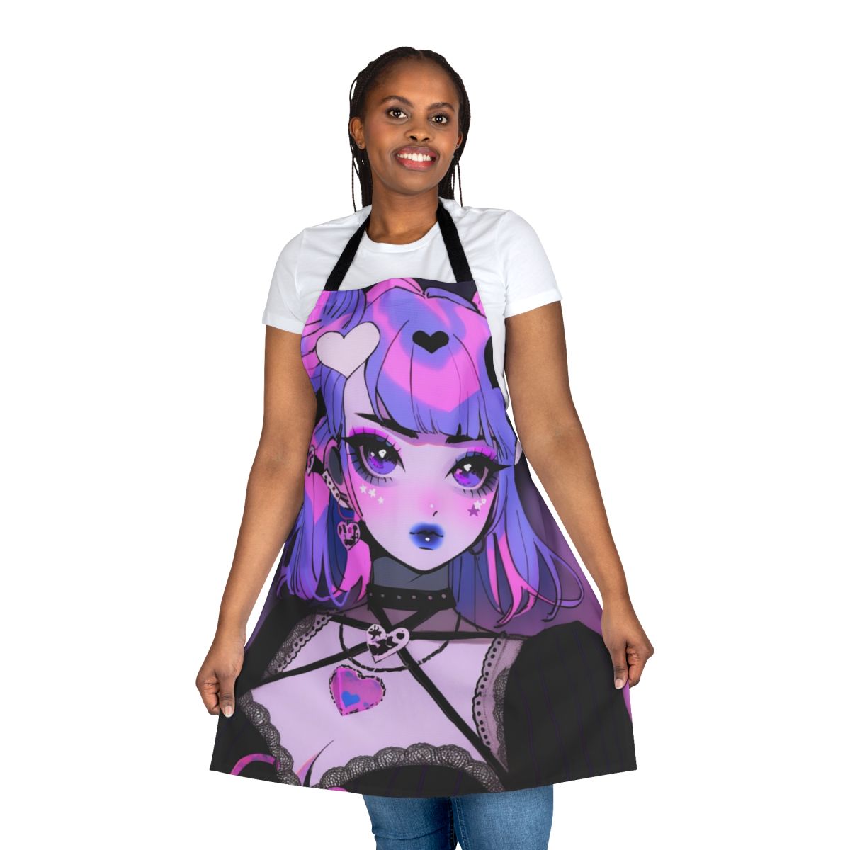 Kawaii anime-style goth apron in pink, purple and black colors with heart print design