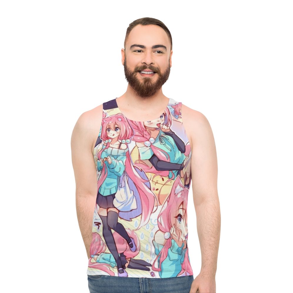 Kawaii anime-inspired unisex tank top with pink-haired character