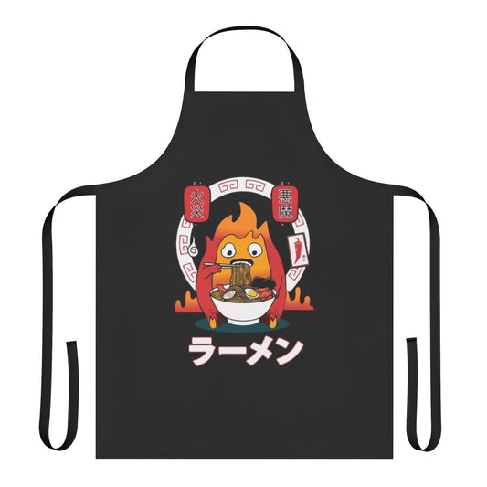 Kawaii anime-inspired apron featuring Calcifer the fire demon from Studio Ghibli's Howl's Moving Castle