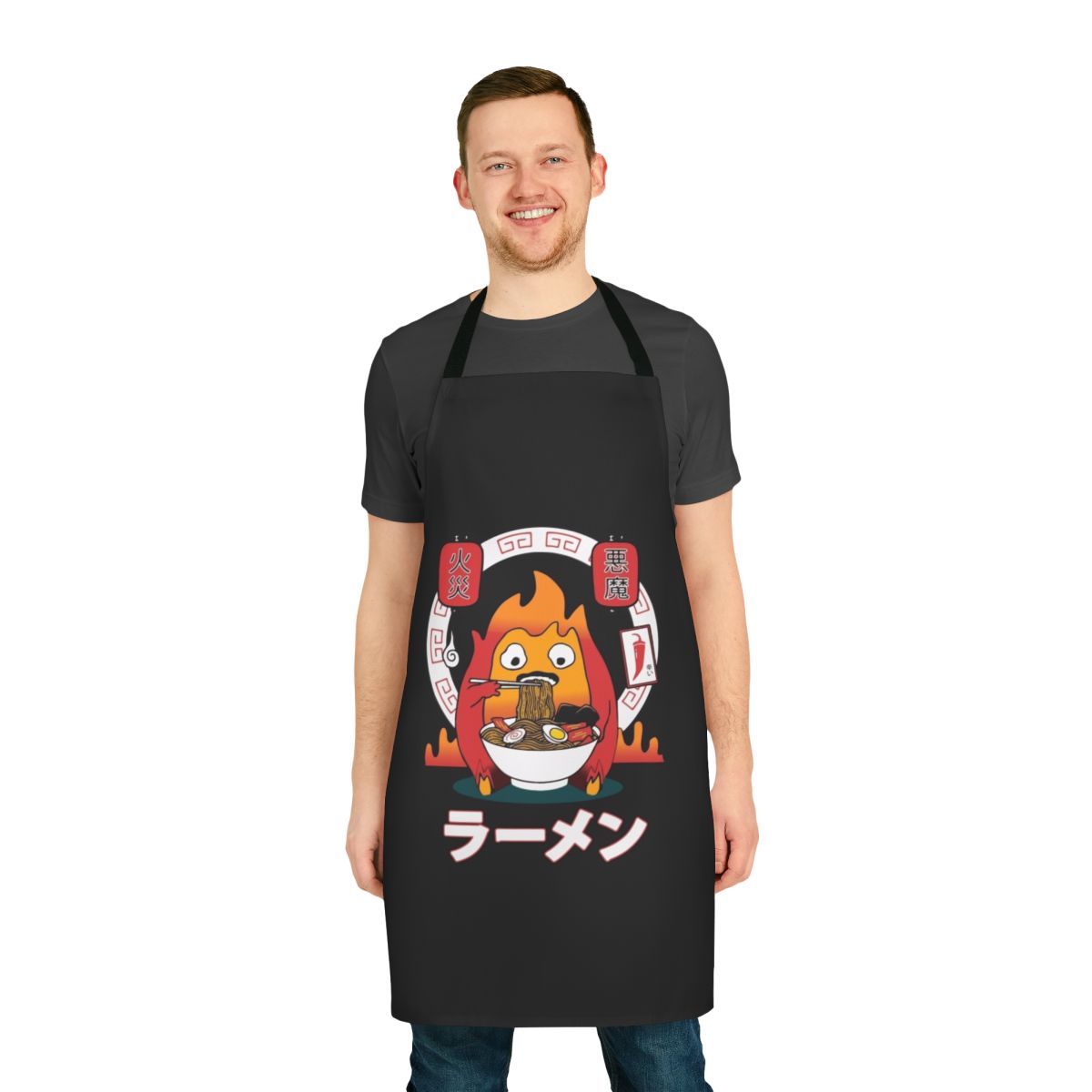 Kawaii anime-inspired apron featuring Calcifer the fire demon from Studio Ghibli's Howl's Moving Castle