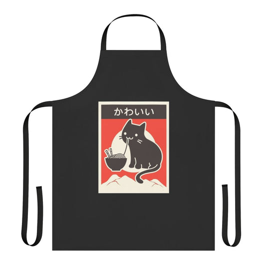 Kawaii vintage-inspired Japanese ramen apron with cute cat and noodle design