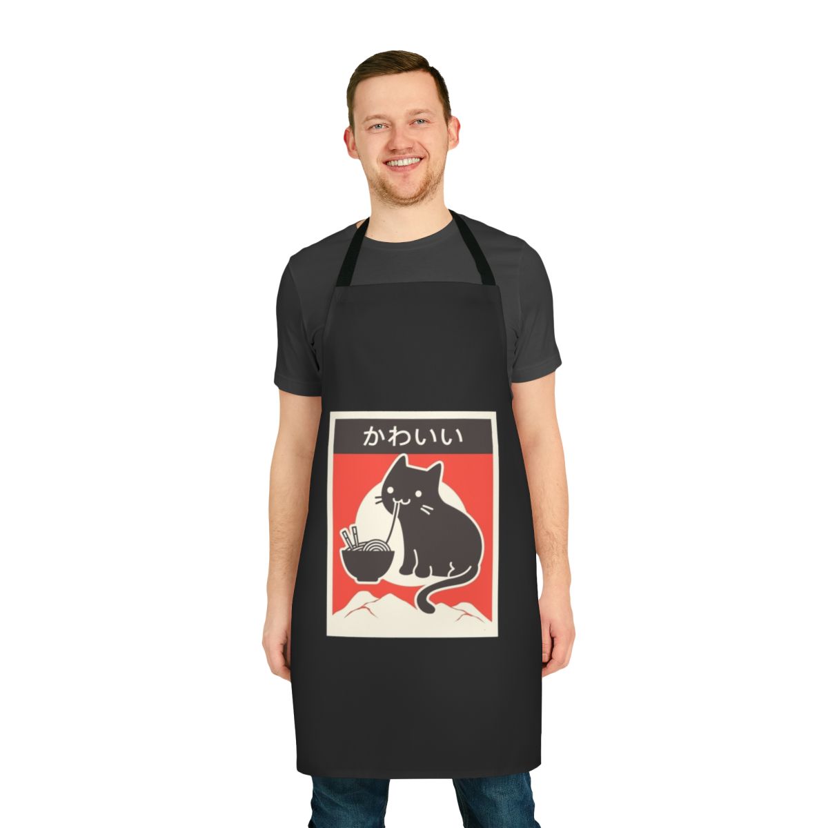 Kawaii vintage-inspired Japanese ramen apron with cute cat and noodle design