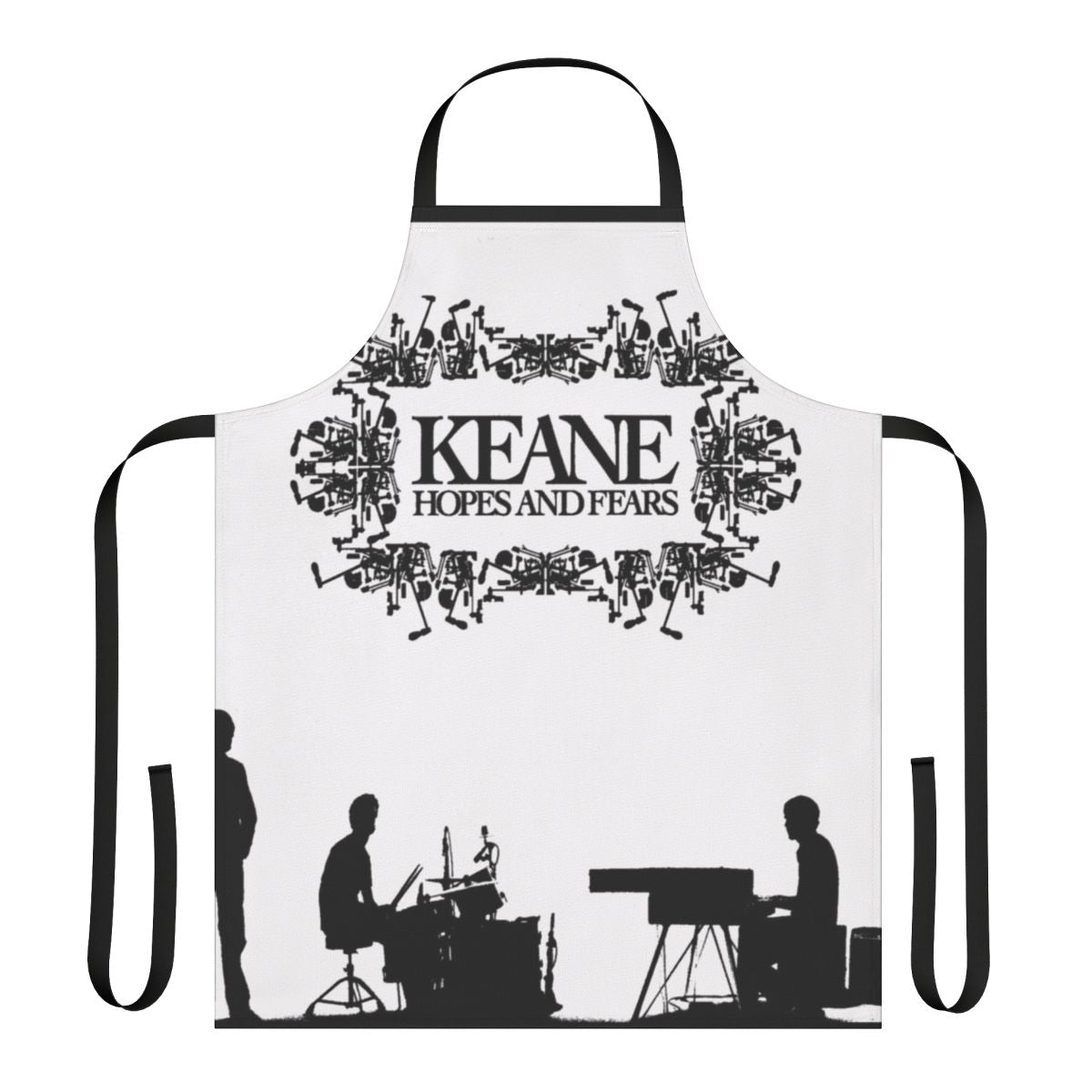 "Keane-themed 'Hopes and Fears' apron with band logo and album art"