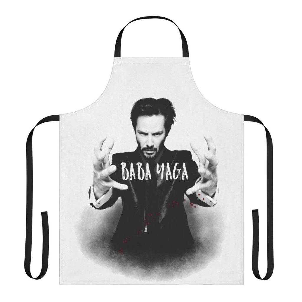 Keanu Reeves-inspired apron featuring various action movie references