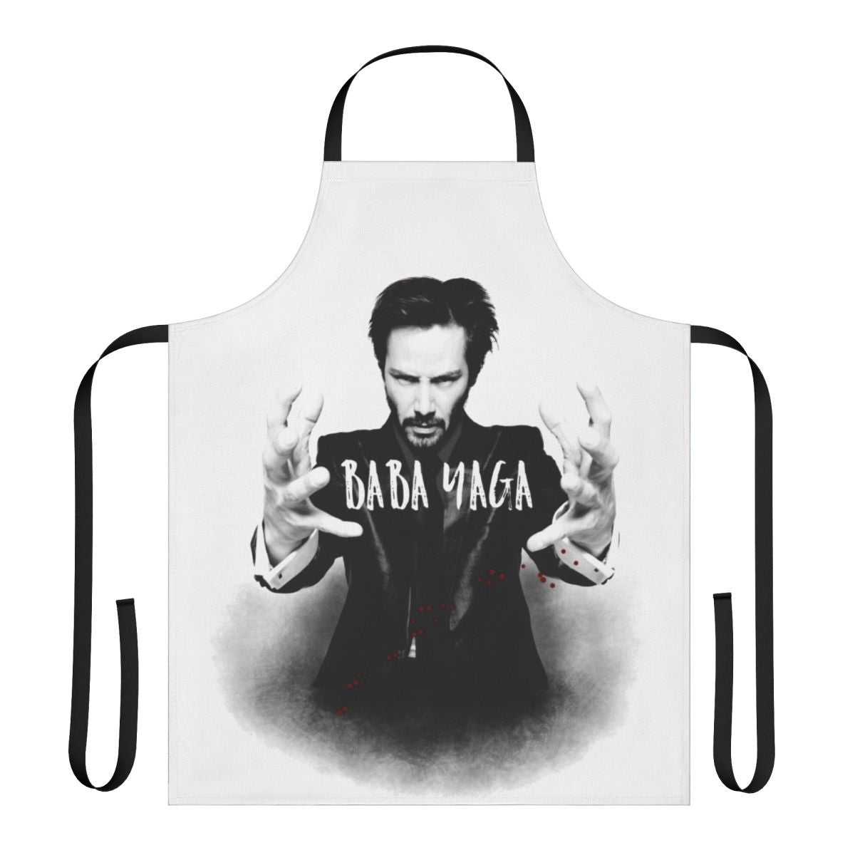 Keanu Reeves-inspired apron featuring various action movie references
