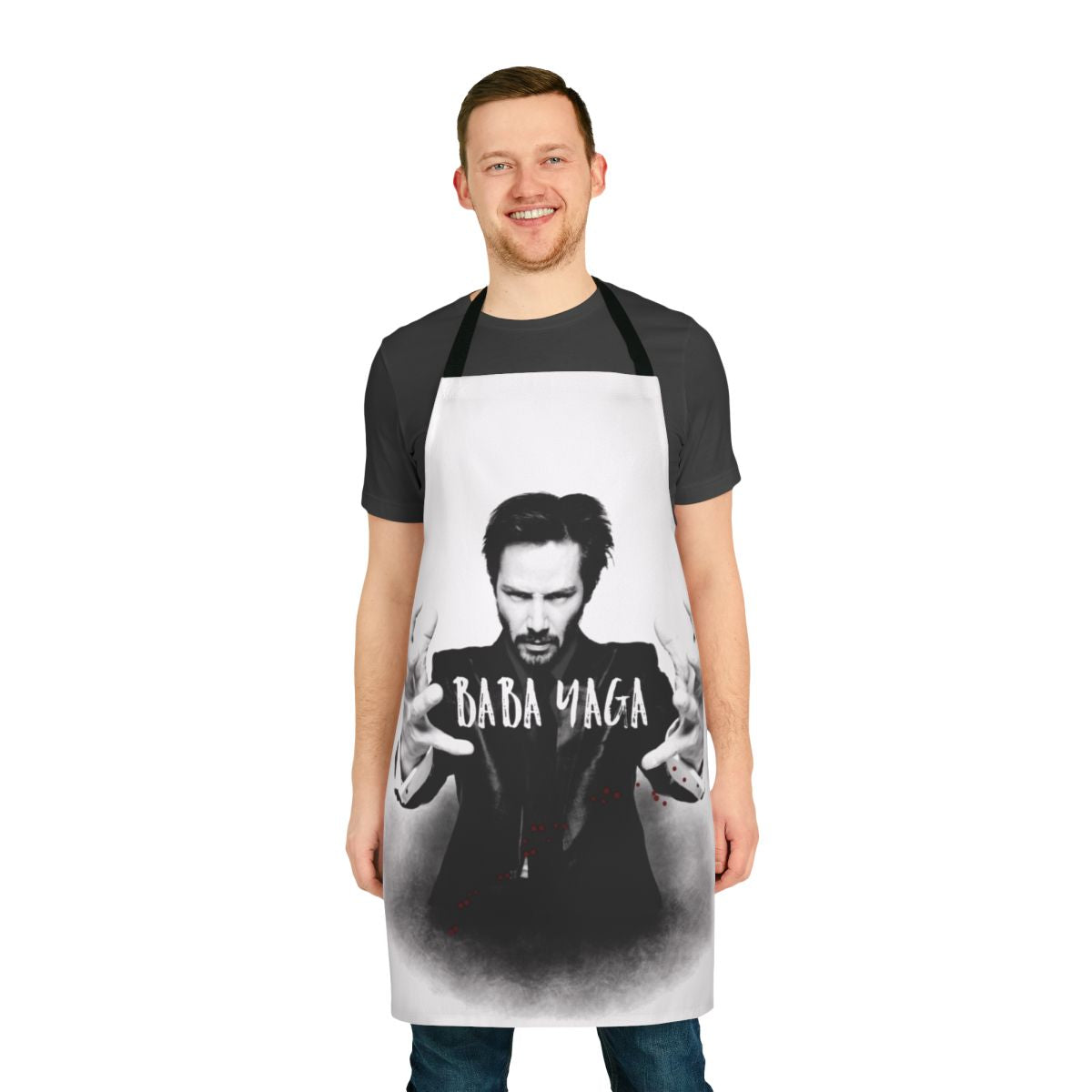 Keanu Reeves-inspired apron featuring various action movie references