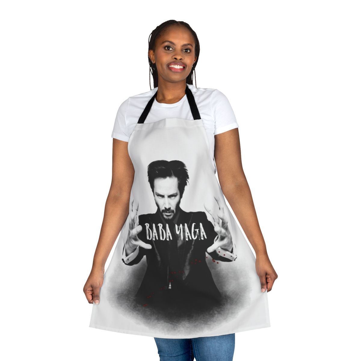 Keanu Reeves-inspired apron featuring various action movie references