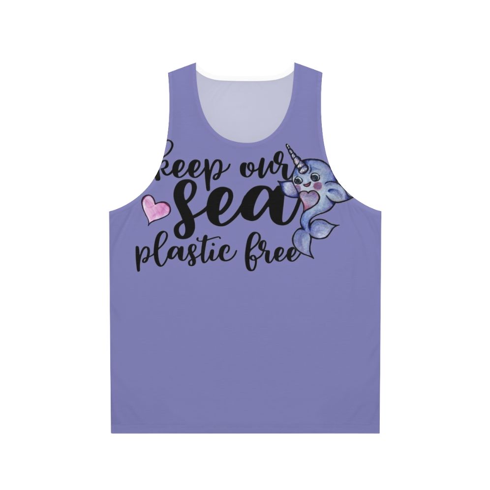 Unisex tank top with a narwhal design promoting ocean conservation and plastic-free initiatives