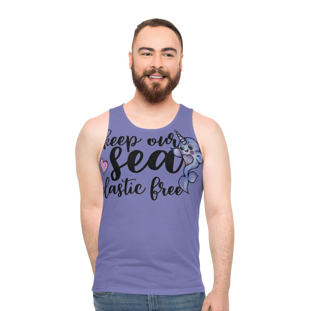 Unisex tank top with a narwhal design promoting ocean conservation and plastic-free initiatives