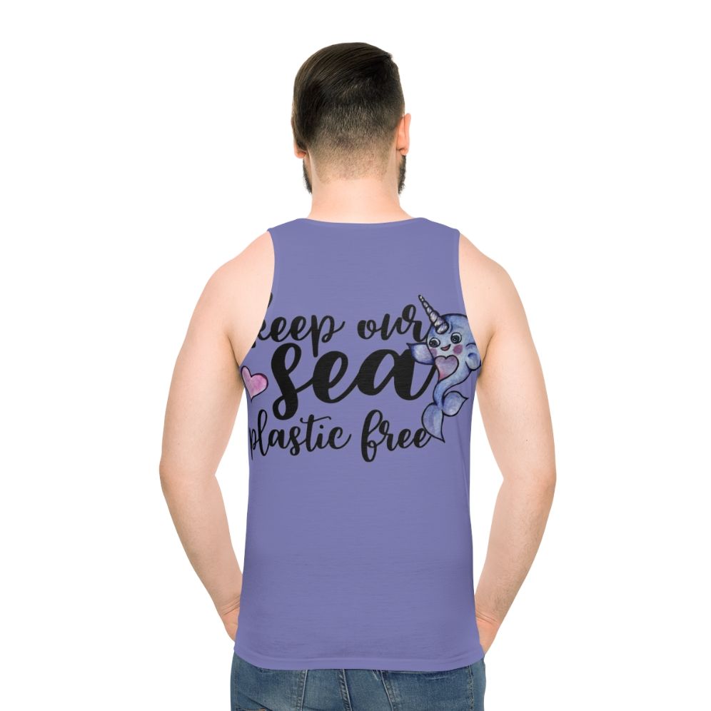 Unisex tank top with a narwhal design promoting ocean conservation and plastic-free initiatives