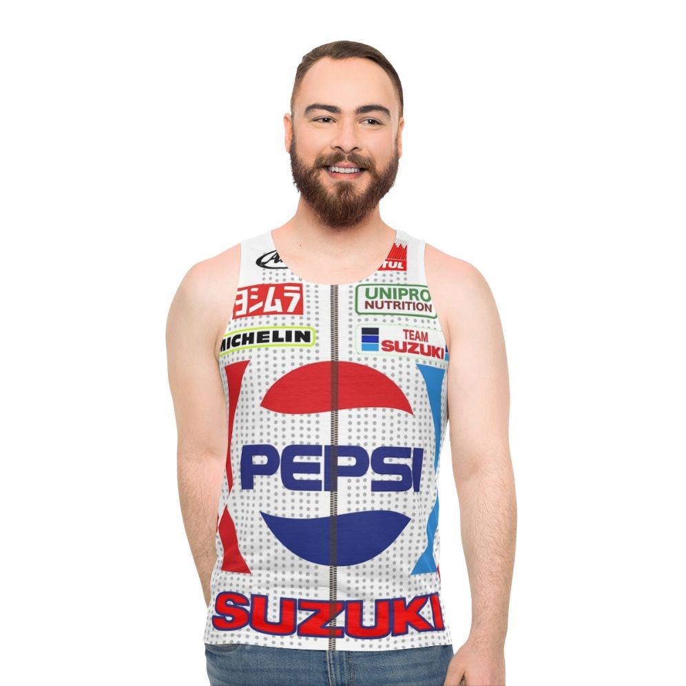 Vintage-style motorcycle tank top featuring Kevin Schwantz's RGV500 graphics