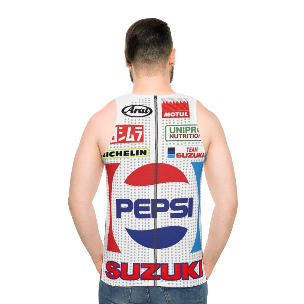Vintage-style motorcycle tank top featuring Kevin Schwantz's RGV500 graphics
