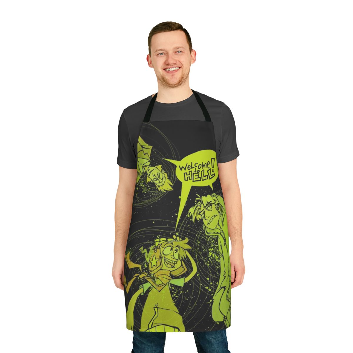 Kickstarter poster design apron featuring a cute demon character in a spooky animation cartoon style