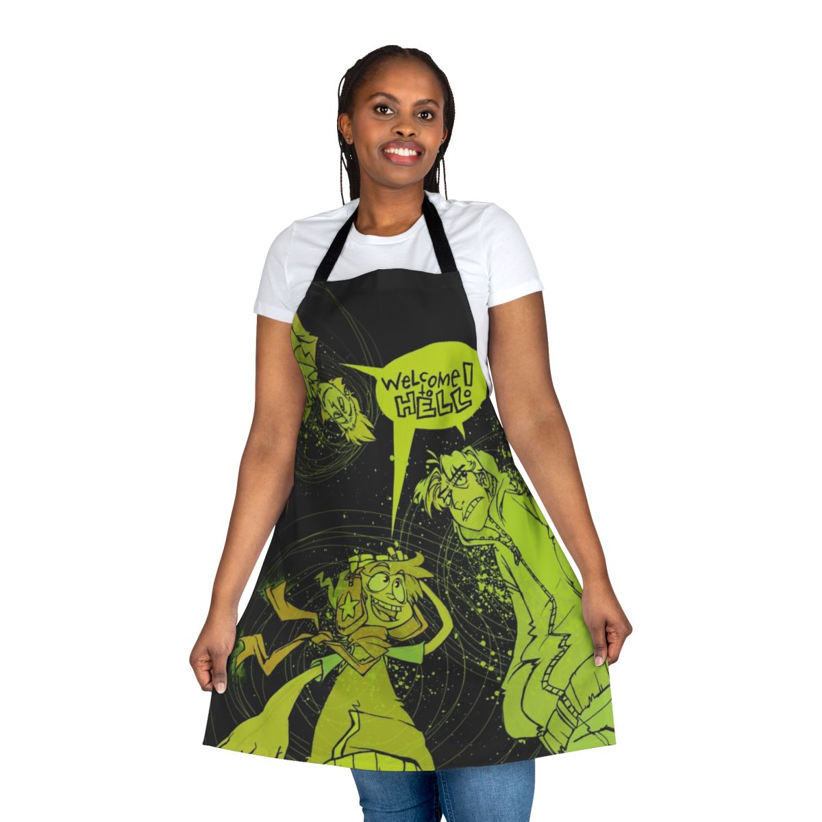 Kickstarter poster design apron featuring a cute demon character in a spooky animation cartoon style