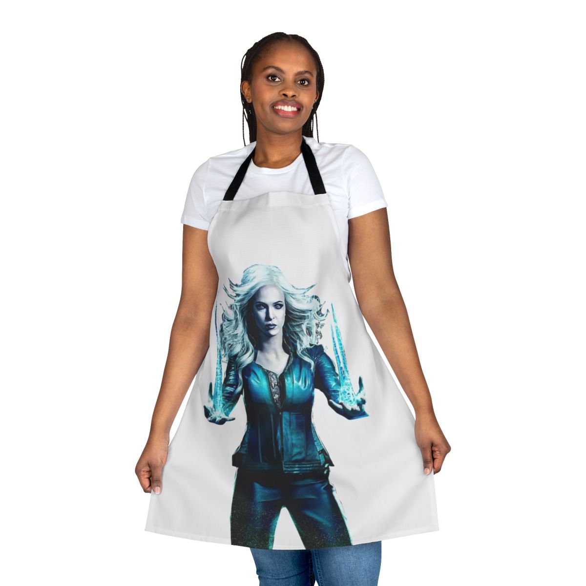 Killer Frost-themed apron featuring a frost-covered design