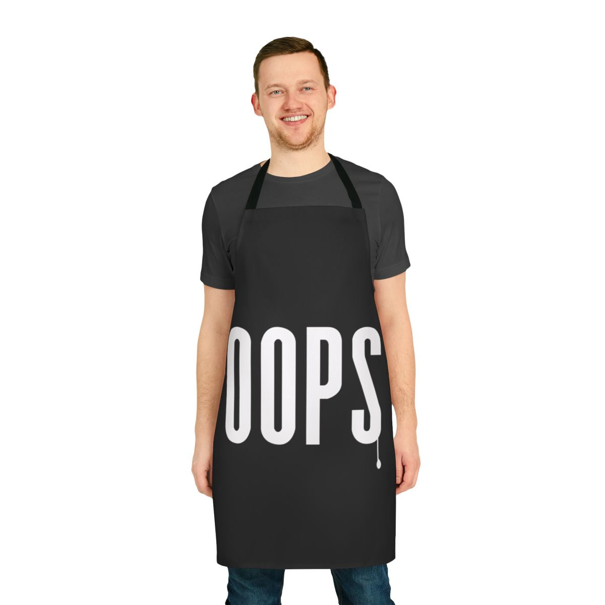 Killing Eve inspired comedy kitchen apron with "Oops" text