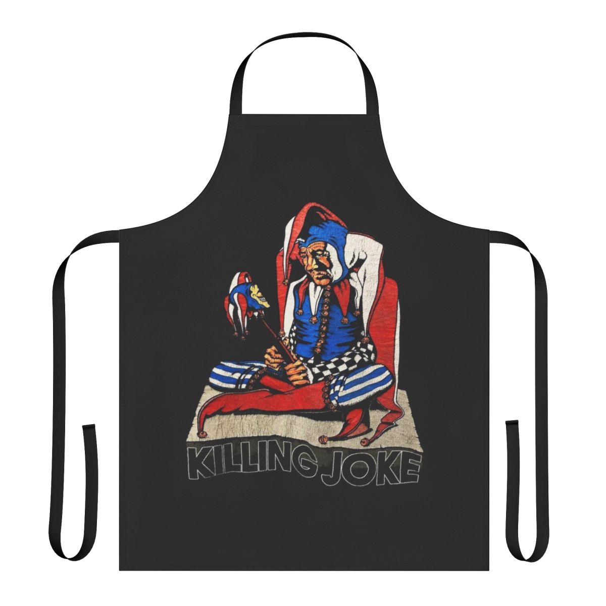Killing Joke inspired heavy metal band apron with a horror-themed design