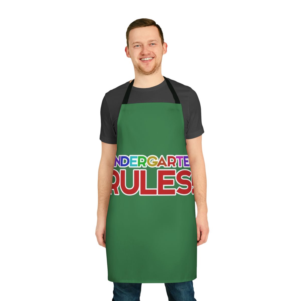 A white apron with a colorful kindergarten rules design, perfect for kindergarten teachers.