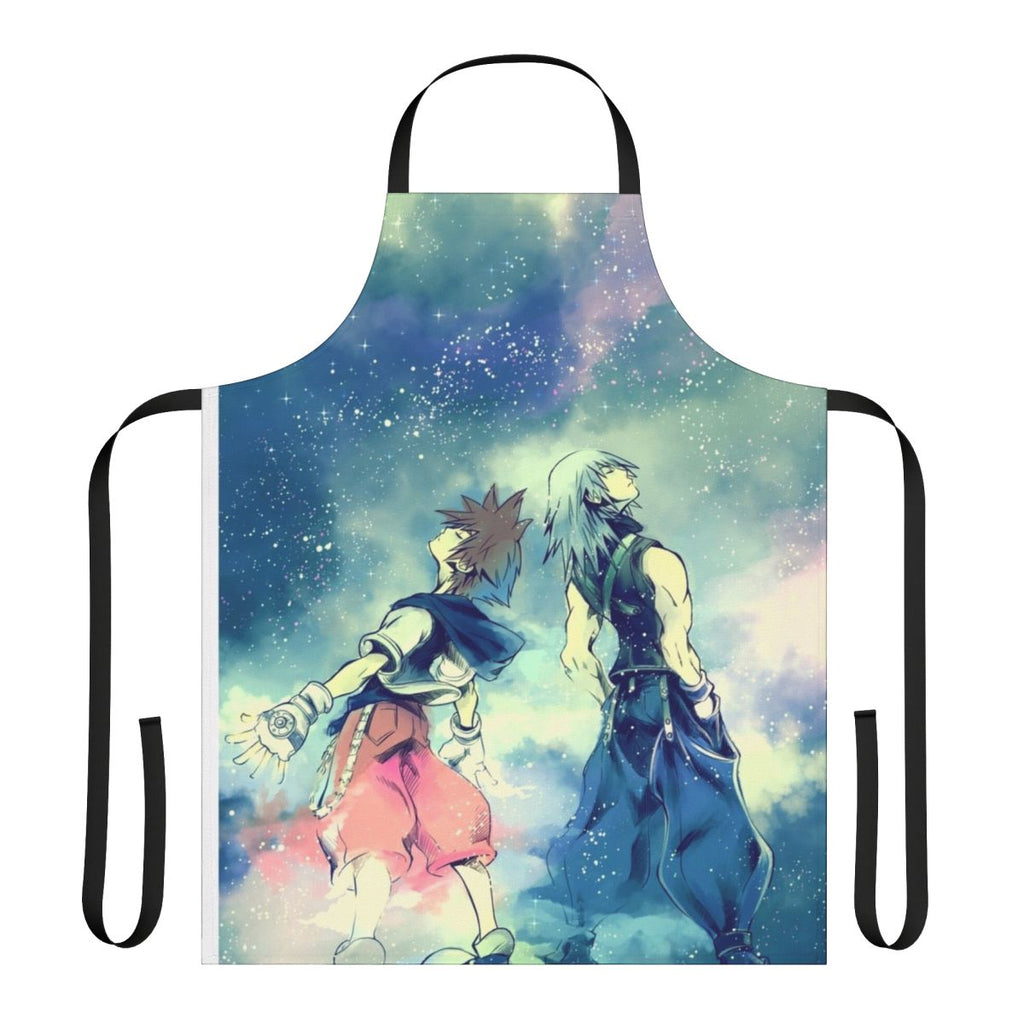 A colorful and whimsical apron featuring popular characters from the Kingdom Hearts video game series, perfect for fans of friendship and adventure.
