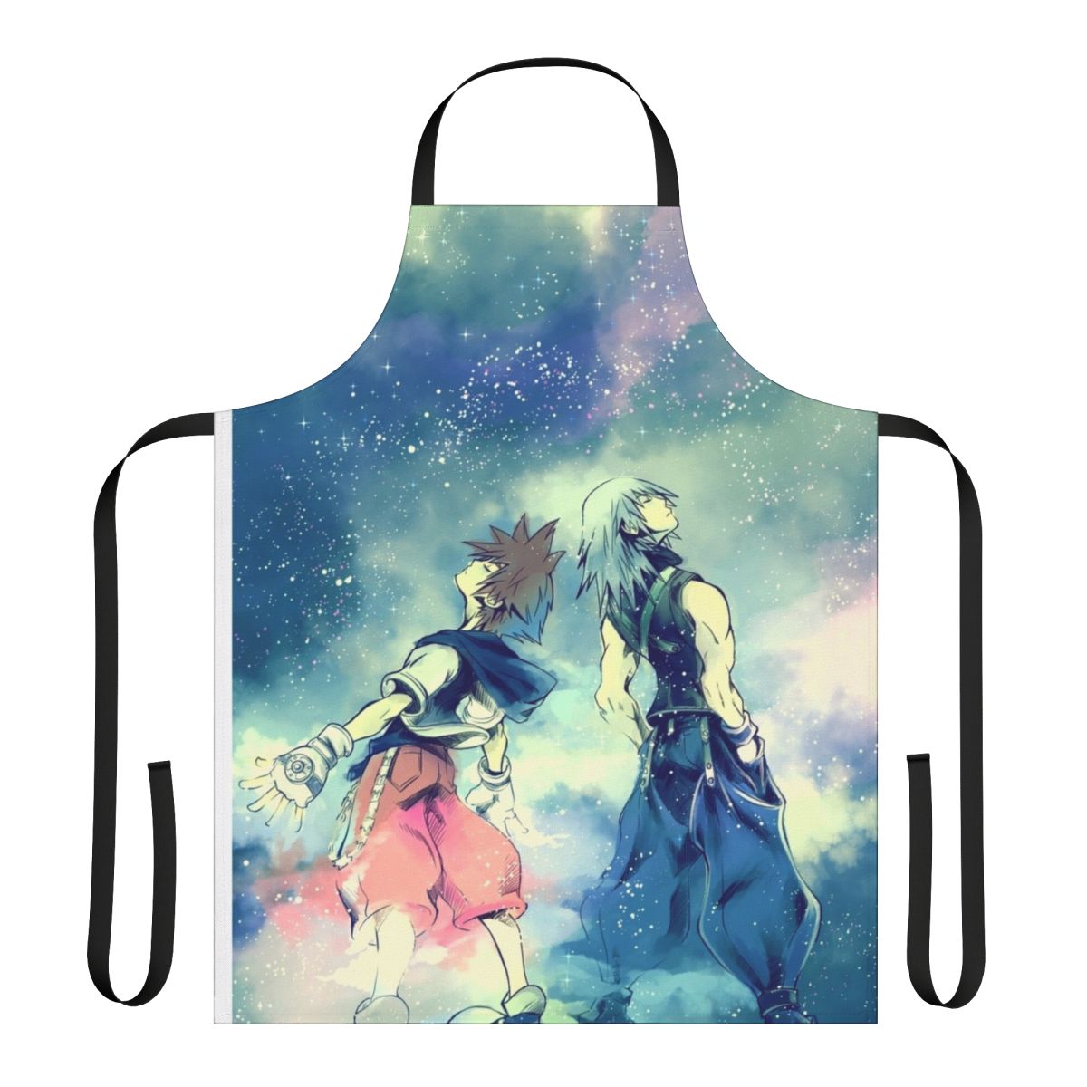 A colorful and whimsical apron featuring popular characters from the Kingdom Hearts video game series, perfect for fans of friendship and adventure.