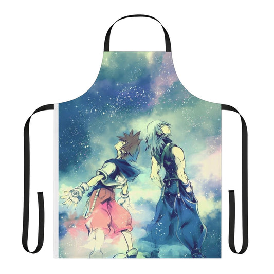 A colorful and whimsical apron featuring popular characters from the Kingdom Hearts video game series, perfect for fans of friendship and adventure.