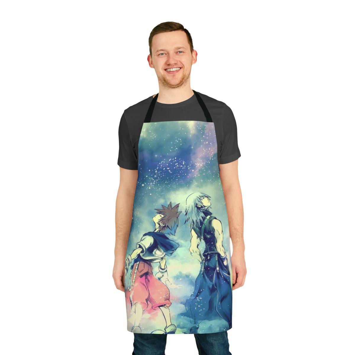 A colorful and whimsical apron featuring popular characters from the Kingdom Hearts video game series, perfect for fans of friendship and adventure.