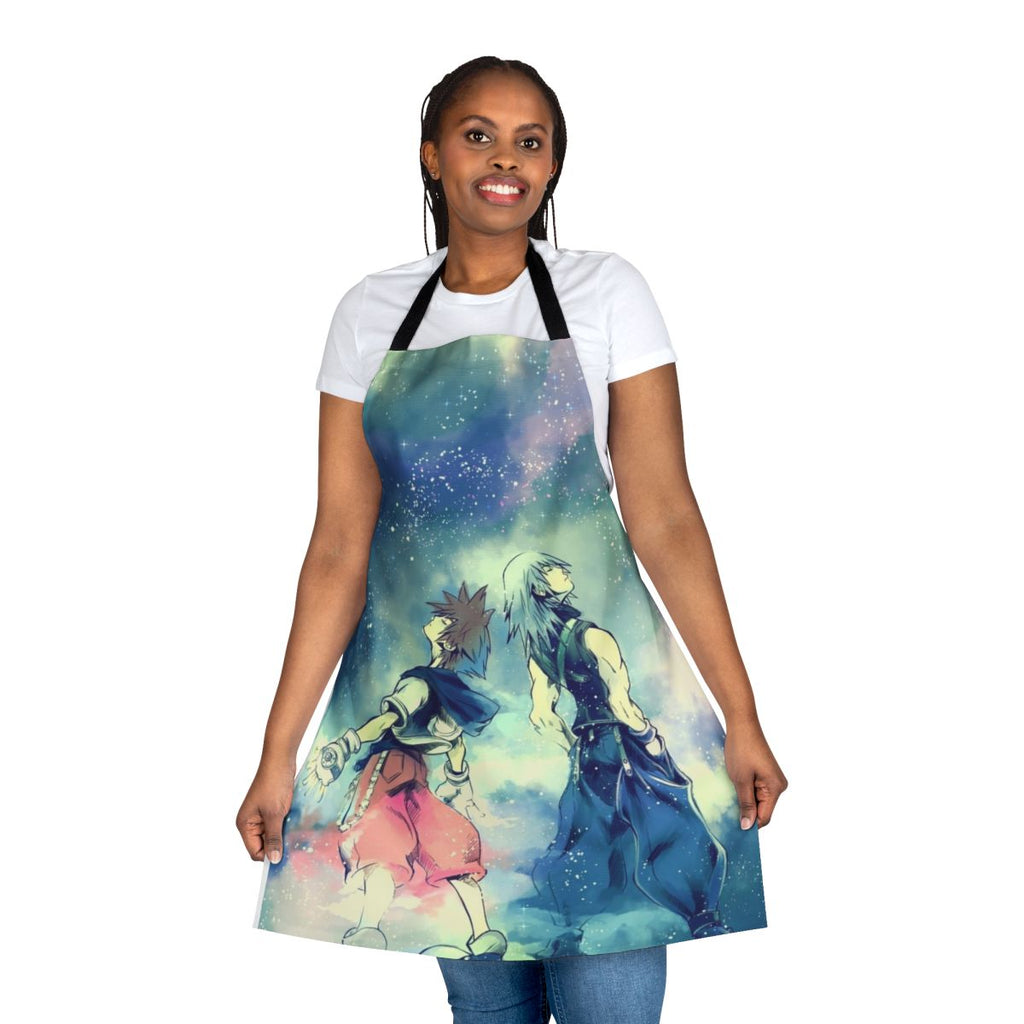 A colorful and whimsical apron featuring popular characters from the Kingdom Hearts video game series, perfect for fans of friendship and adventure.