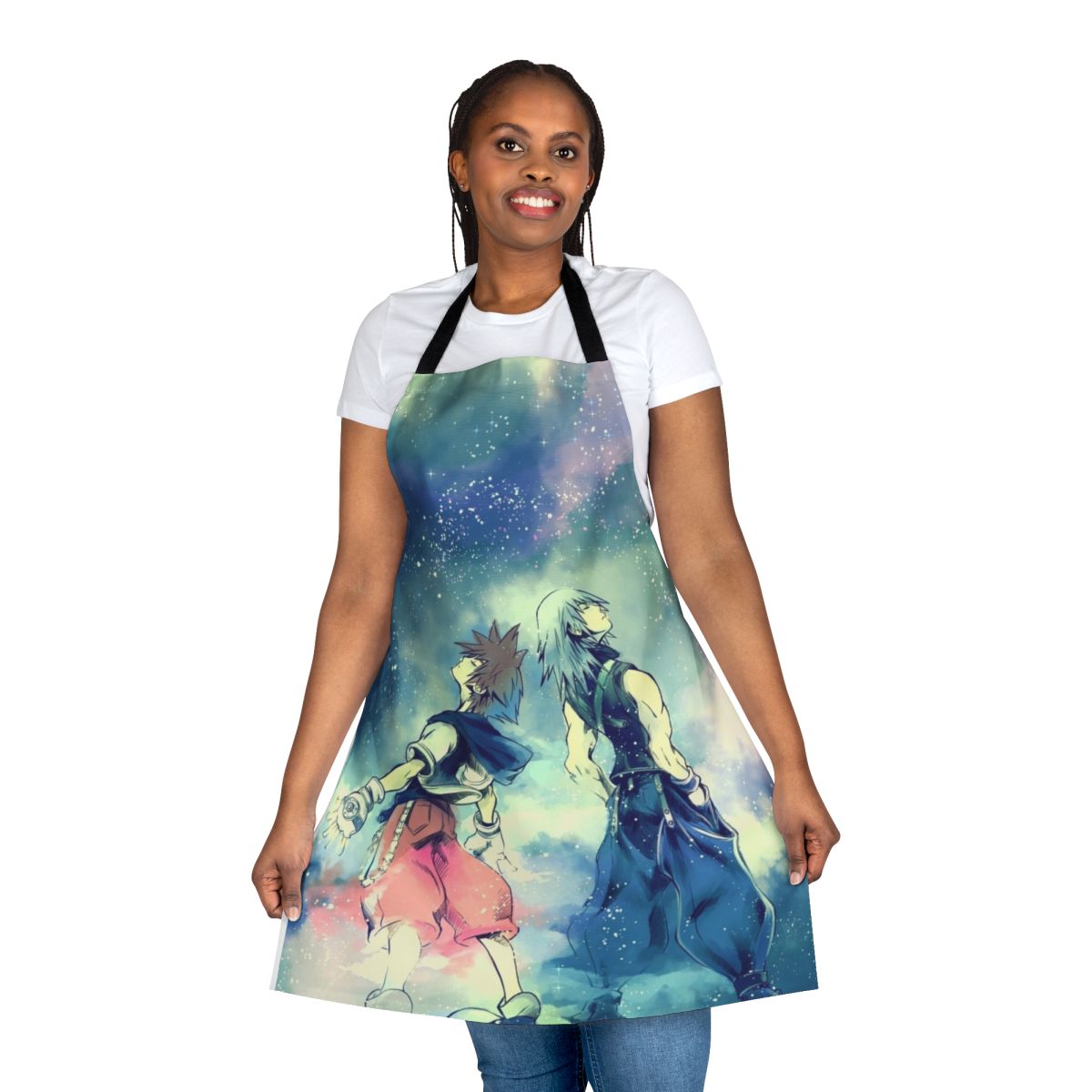 A colorful and whimsical apron featuring popular characters from the Kingdom Hearts video game series, perfect for fans of friendship and adventure.