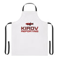 Red and black kitchen apron with "Kirov Reporting" text in a simple, typographic style