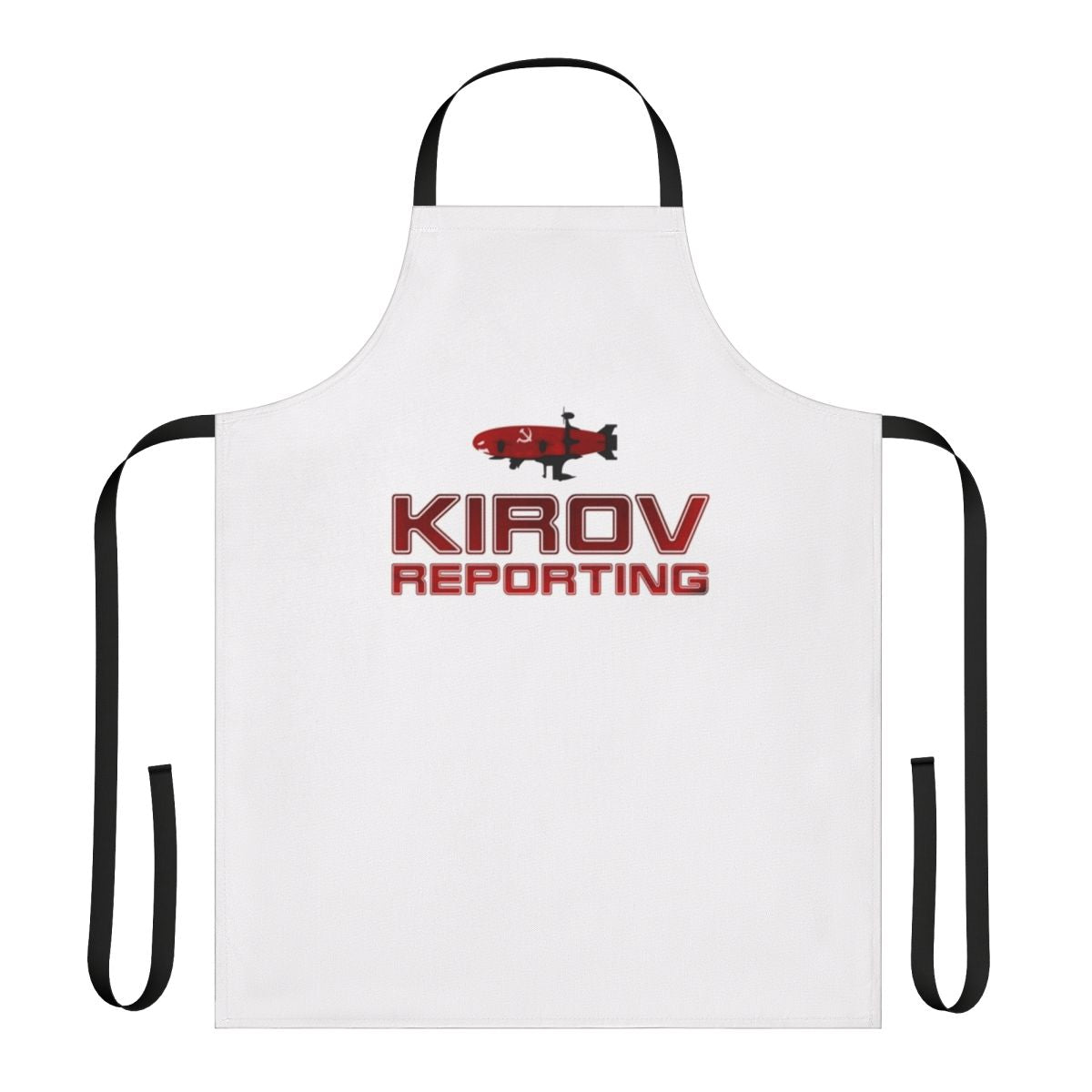 Red and black kitchen apron with "Kirov Reporting" text in a simple, typographic style