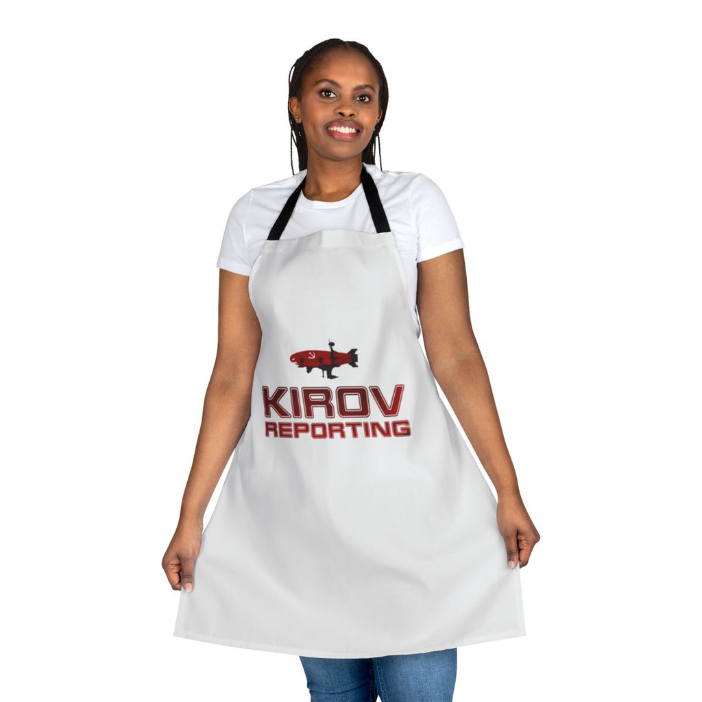 Red and black kitchen apron with "Kirov Reporting" text in a simple, typographic style