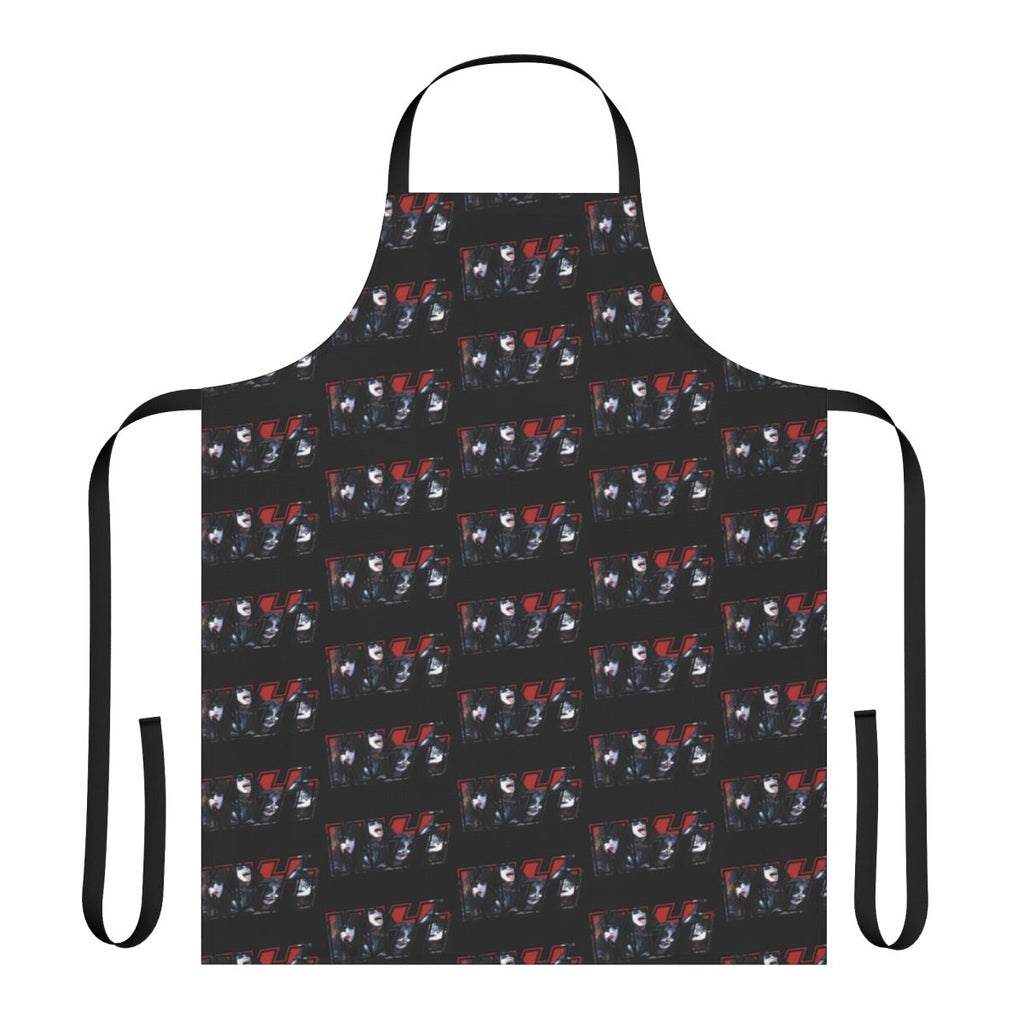 A dark apron featuring a graphic design inspired by the iconic KISS band logo