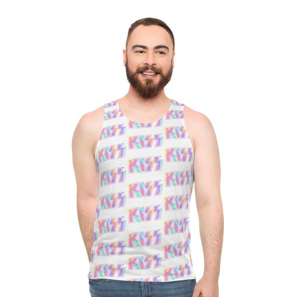 Pastel tie dye unisex tank top with Kiss the Band logo