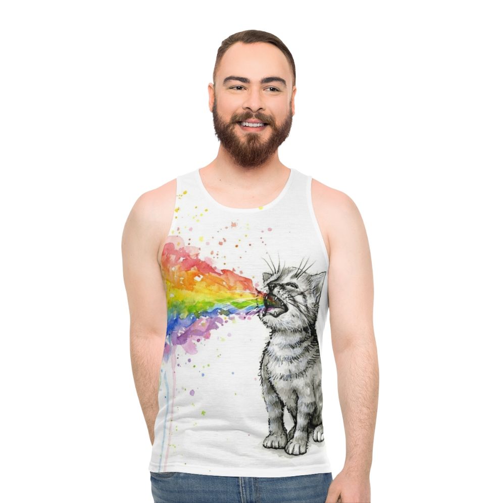 Kitten puking rainbow design on unisex tank top