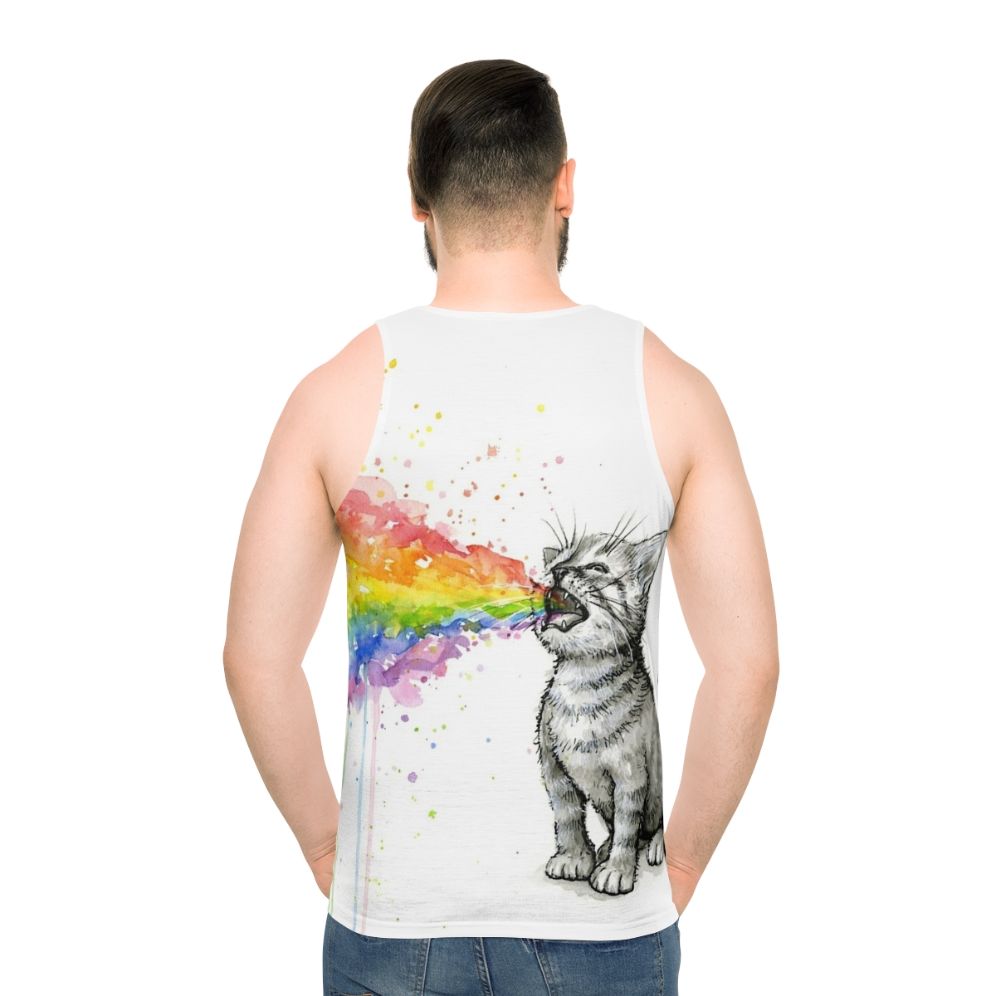 Kitten puking rainbow design on unisex tank top