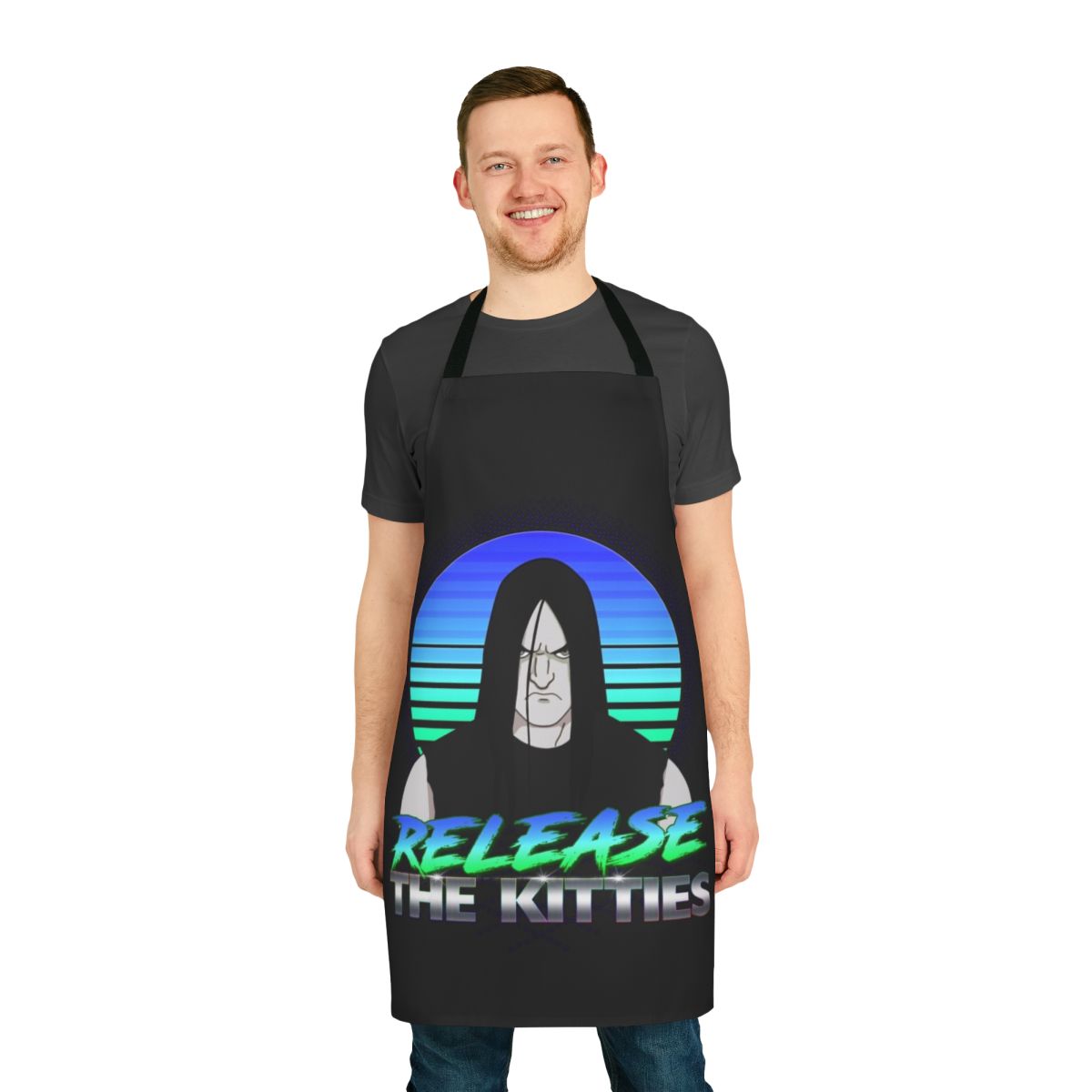 A kitty-themed apron featuring characters from the animated series Metalocalypse