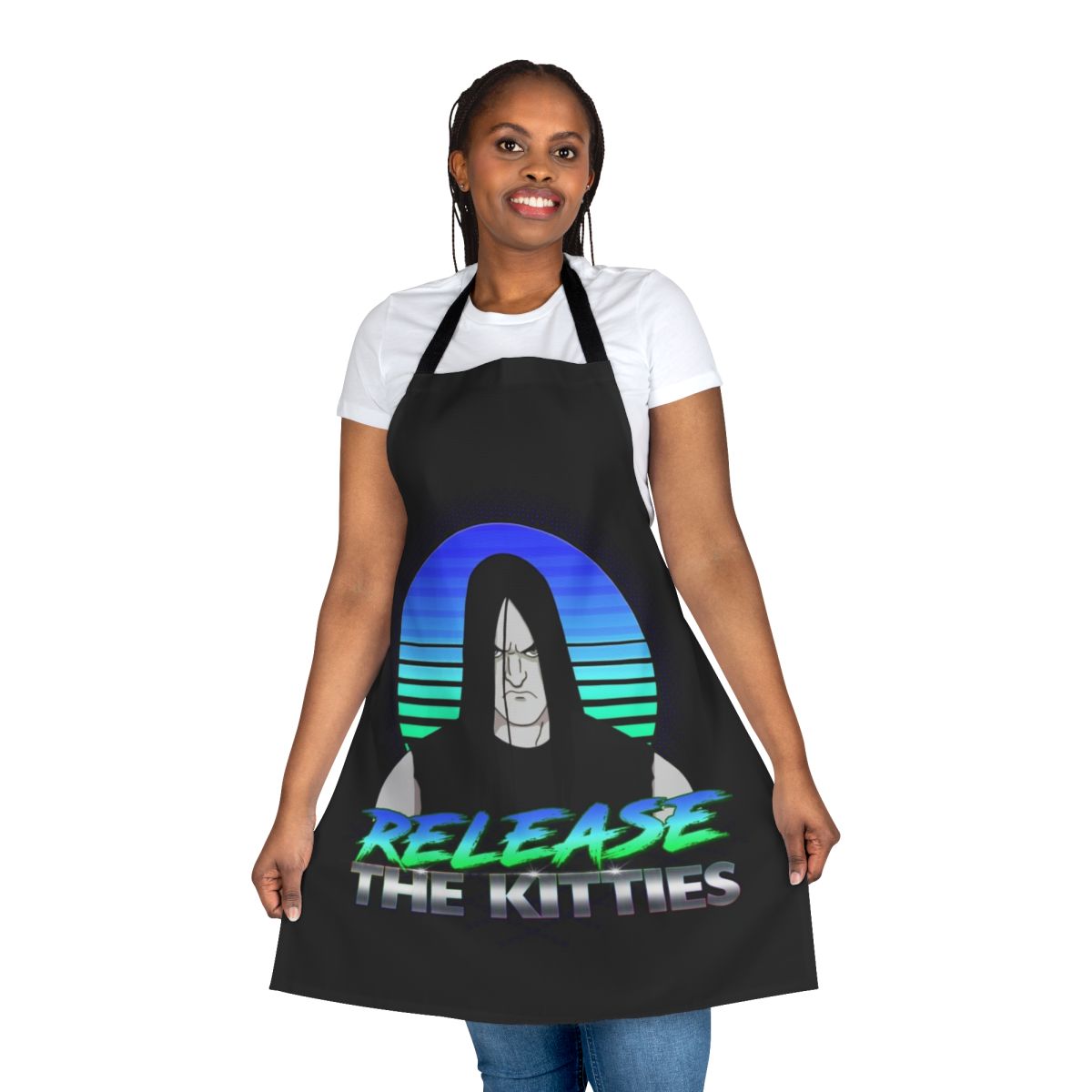 A kitty-themed apron featuring characters from the animated series Metalocalypse