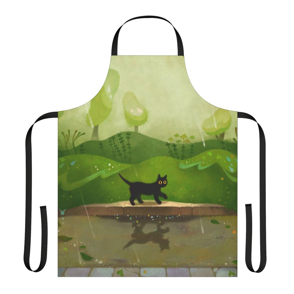 Kitty Rainy Day Apron - Cute black cat design on a green apron