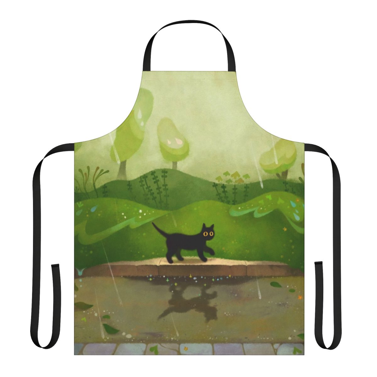 Kitty Rainy Day Apron - Cute black cat design on a green apron